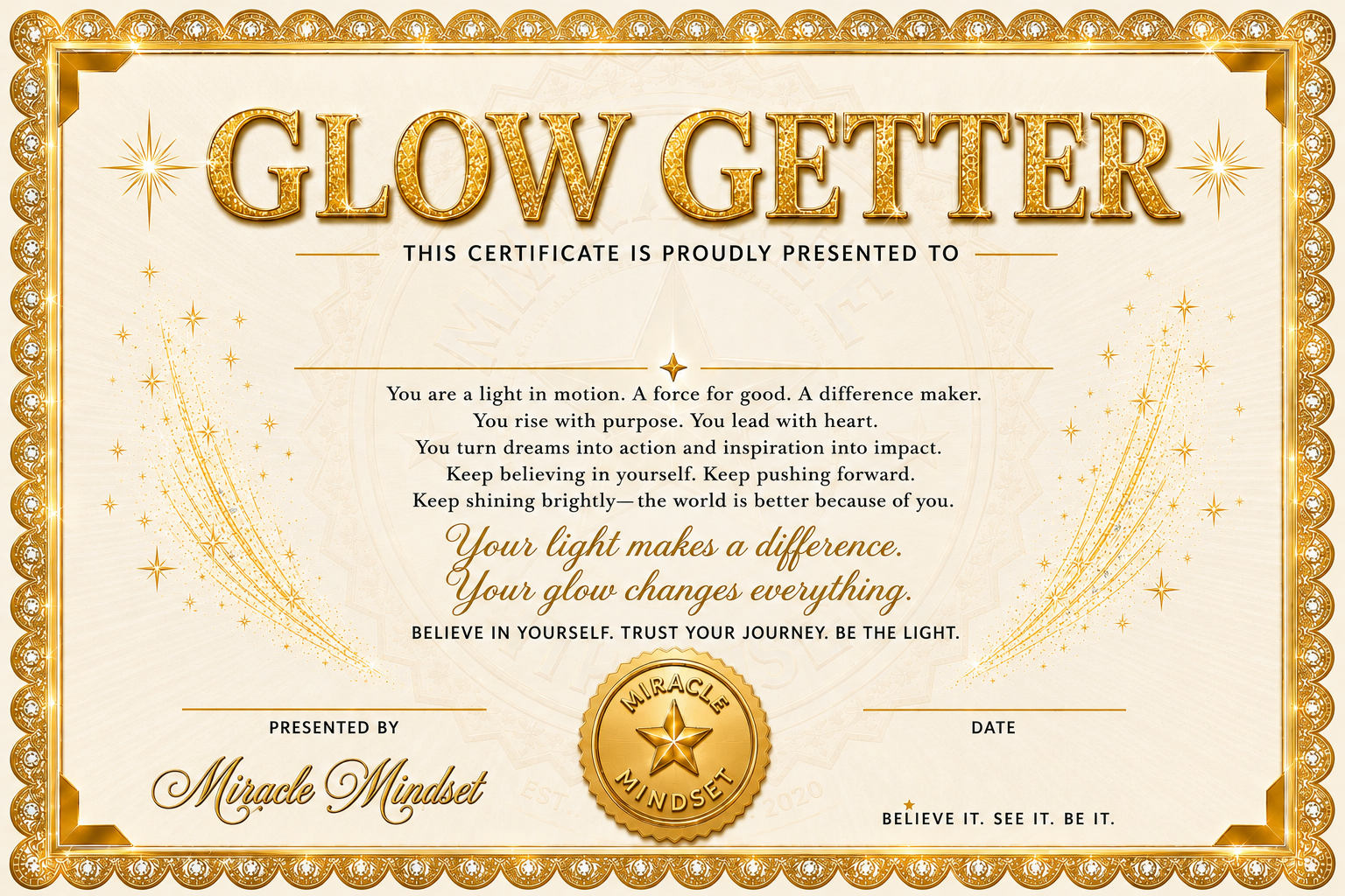 GLOW GETTER AWARD CERTIFICATE