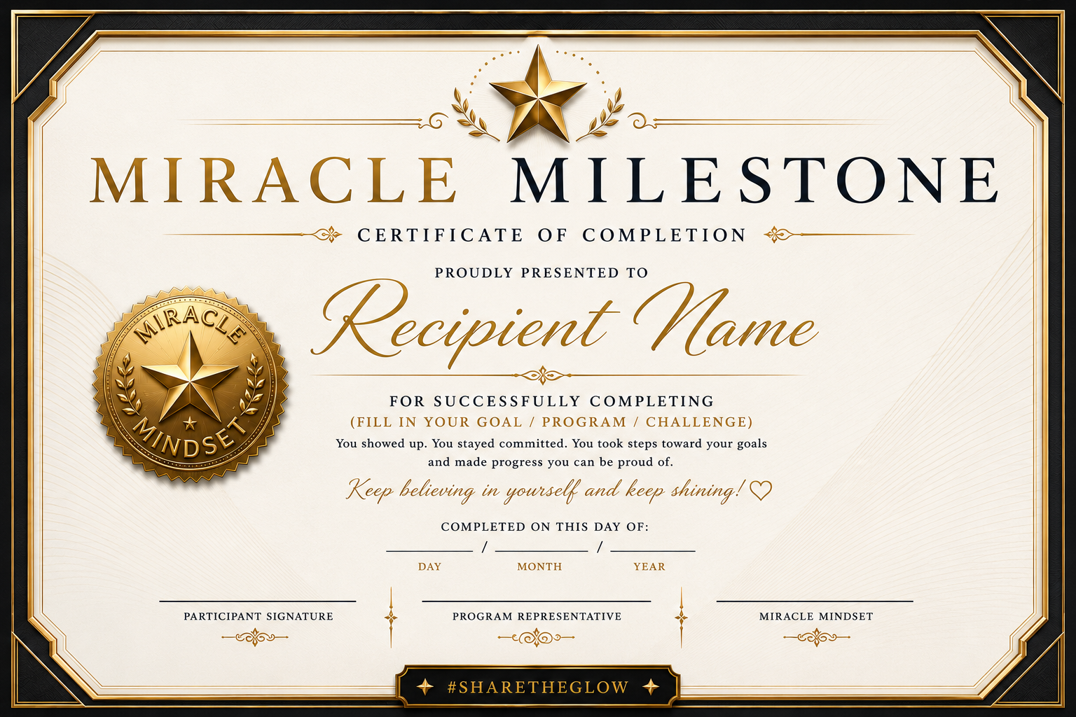 MIRACLE MILESTONE AWARD CERTIFICATE