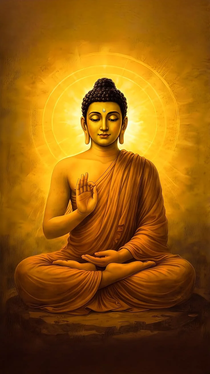 A golden statue of Buddha seated in lotus position with a halo behind his head, making a gesture with his right hand and holding his left hand in his lap, dressed in orange robes.