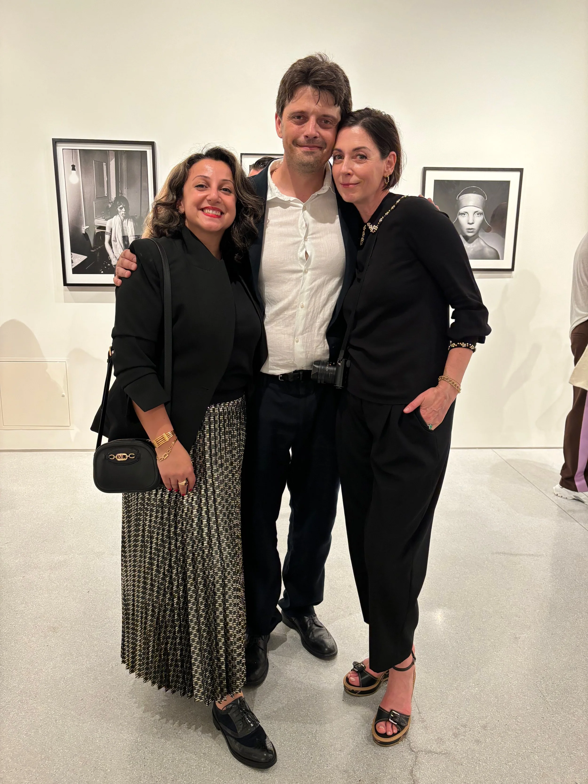 Exhibition Producer, Halime Eleni Özdemir di Larusso, Fenton Bailey and Mary McCartney at the opening of Double Exposure: David Bailey x Mary McCartney at Claridges ArtSpace London