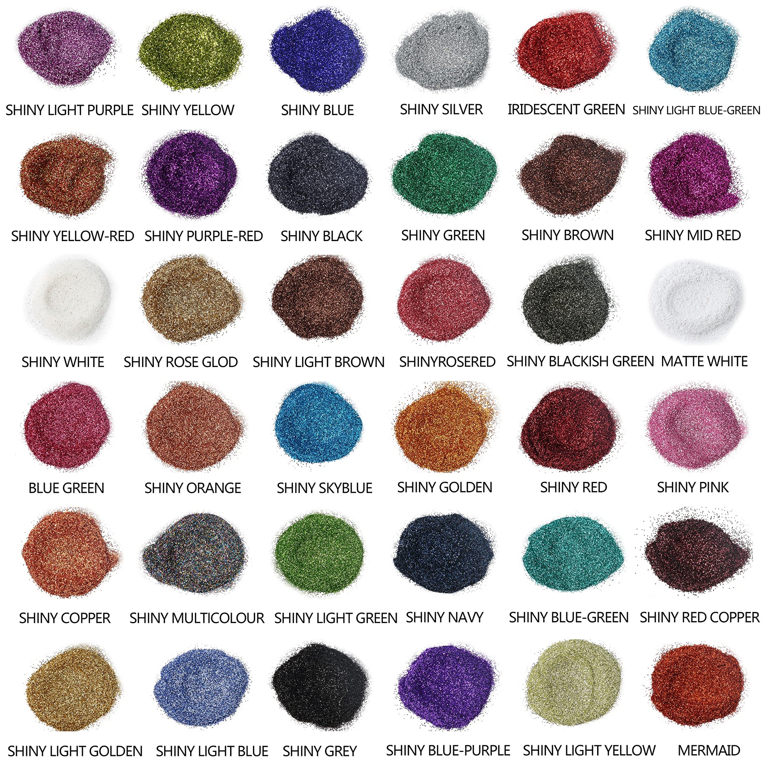 A grid of colorful, shiny, glitter-like spheres arranged in rows, each labeled with a color name such as 'Shiny Light Purple,' 'Shiny Yellow,' 'Shiny Blue,' 'Shiny Silver,' 'Iridescent Green,' 'Shiny Light Blue-Green,' and others.