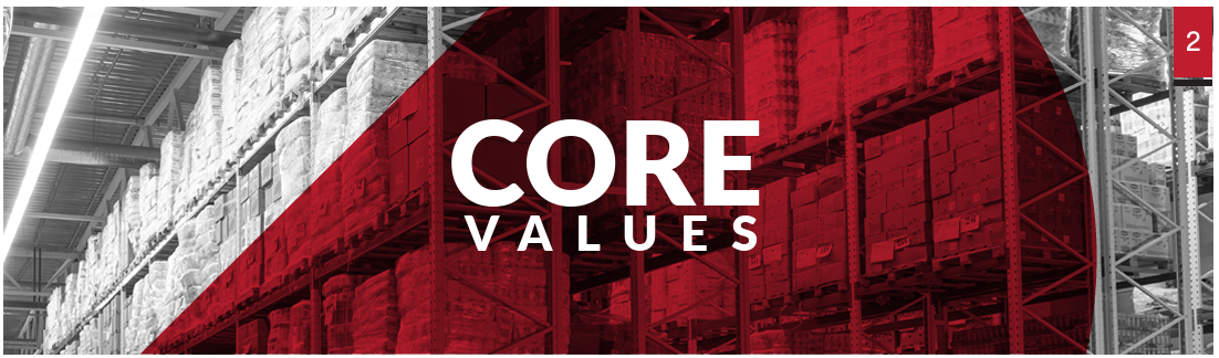 Warehouse aisle with shelves stocked with boxes and pallets, overlaid with red transparent circle and the text 'CORE VALUES' in white.