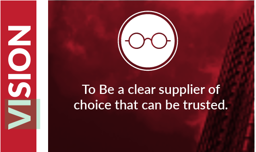 Image with a red background and a white icon of glasses. Text reads: 'To Be a clear supplier of choice that can be trusted.' The word 'VISION' is vertically aligned on the left side.