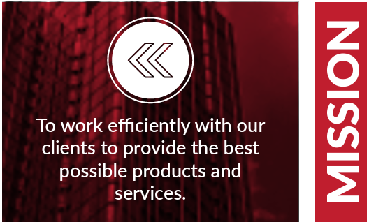 Red and white website banner with a mission statement about working efficiently with clients to provide the best products and services.