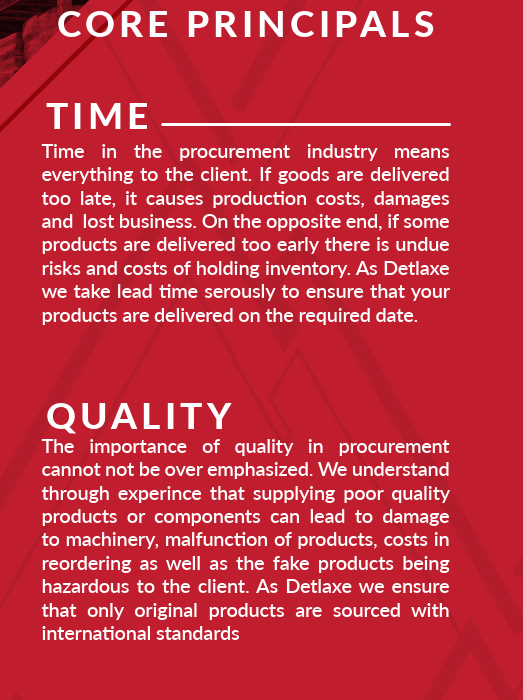 Red informational poster highlighting core principals of procurement industry: Time emphasizes punctual delivery to avoid costs and damages; Quality stresses the importance of original, high-quality products to prevent issues and ensure standards.