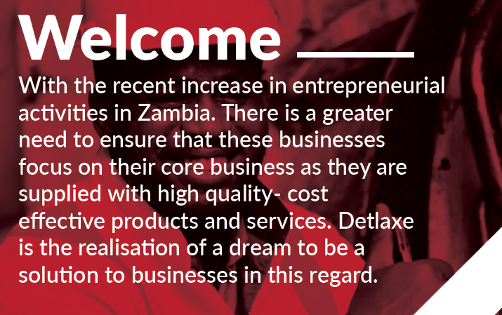 Welcome text on a presentation slide discussing entrepreneurial activities in Zambia, emphasizing the importance of core business focus and high-quality products and services.