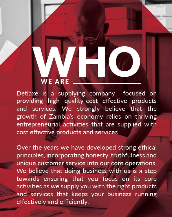 Text and a person in the background. The text explains Detlax'e as a company providing cost-effective products and services, focusing on entrepreneurship and ethical principles to support business operations in Zambia.