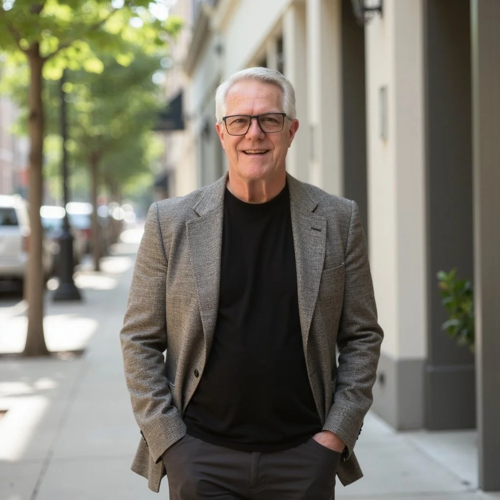 A smiling elderly man with gray hair, glasses, wearing a black shirt and gray blazer, standing outdoors on a city sidewalk with trees and parked cars in the background.