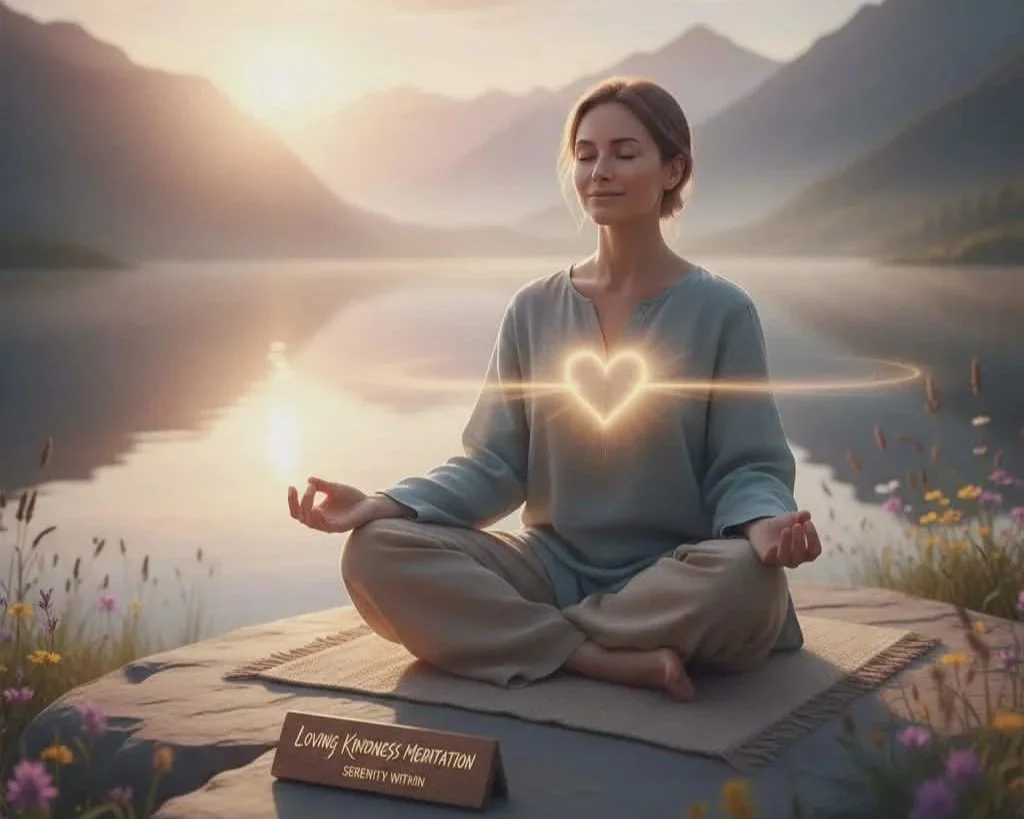 A woman practicing meditation by a lake with mountains in the background, sitting cross-legged on a blanket, with a glowing heart symbol in her chest area.