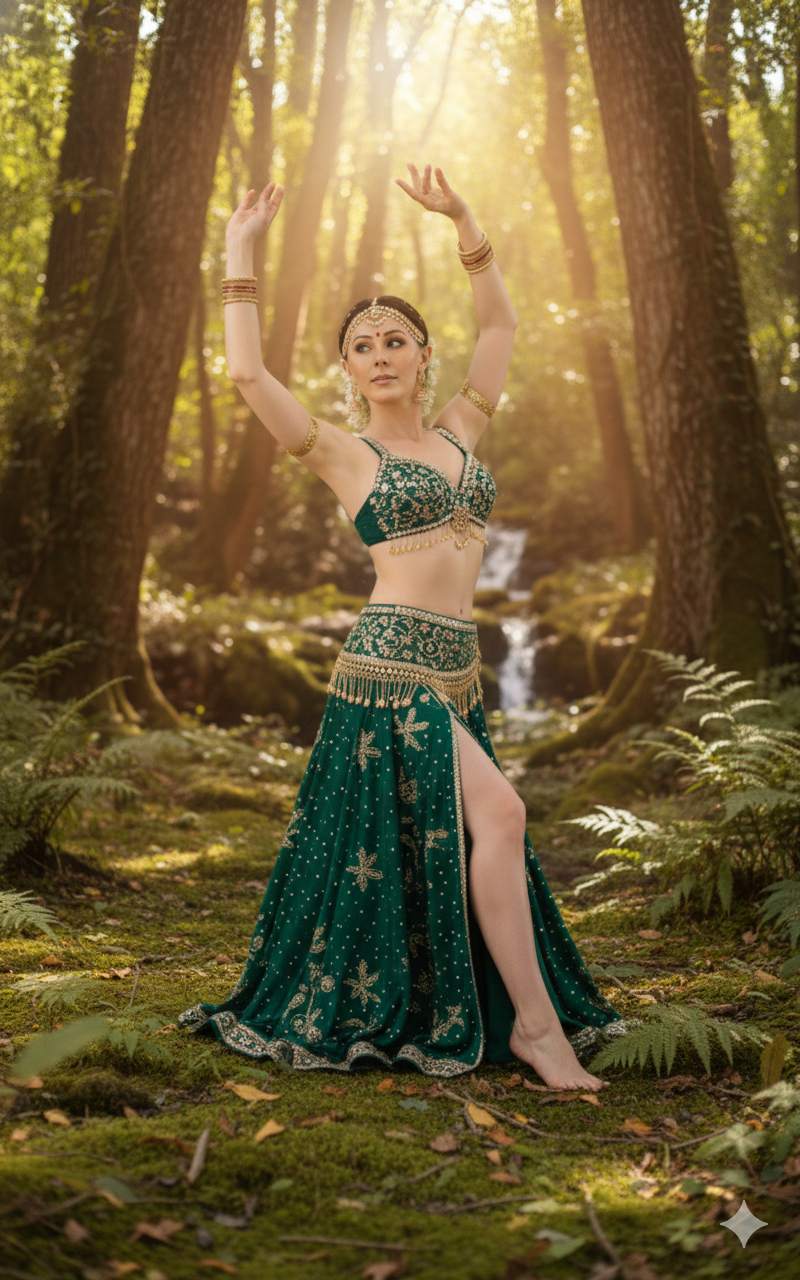 A woman in a green belly dancer costume with intricate golden designs and accessories, standing barefoot in a forest with sunlight filtering through trees.