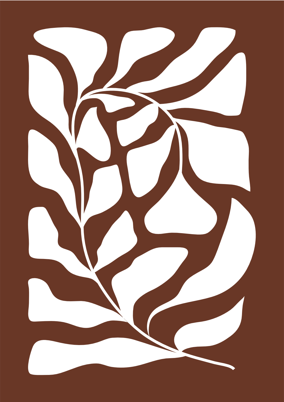 A stylized, abstract illustration of a plant with a central stem and multiple leaves, in white and brown colors.