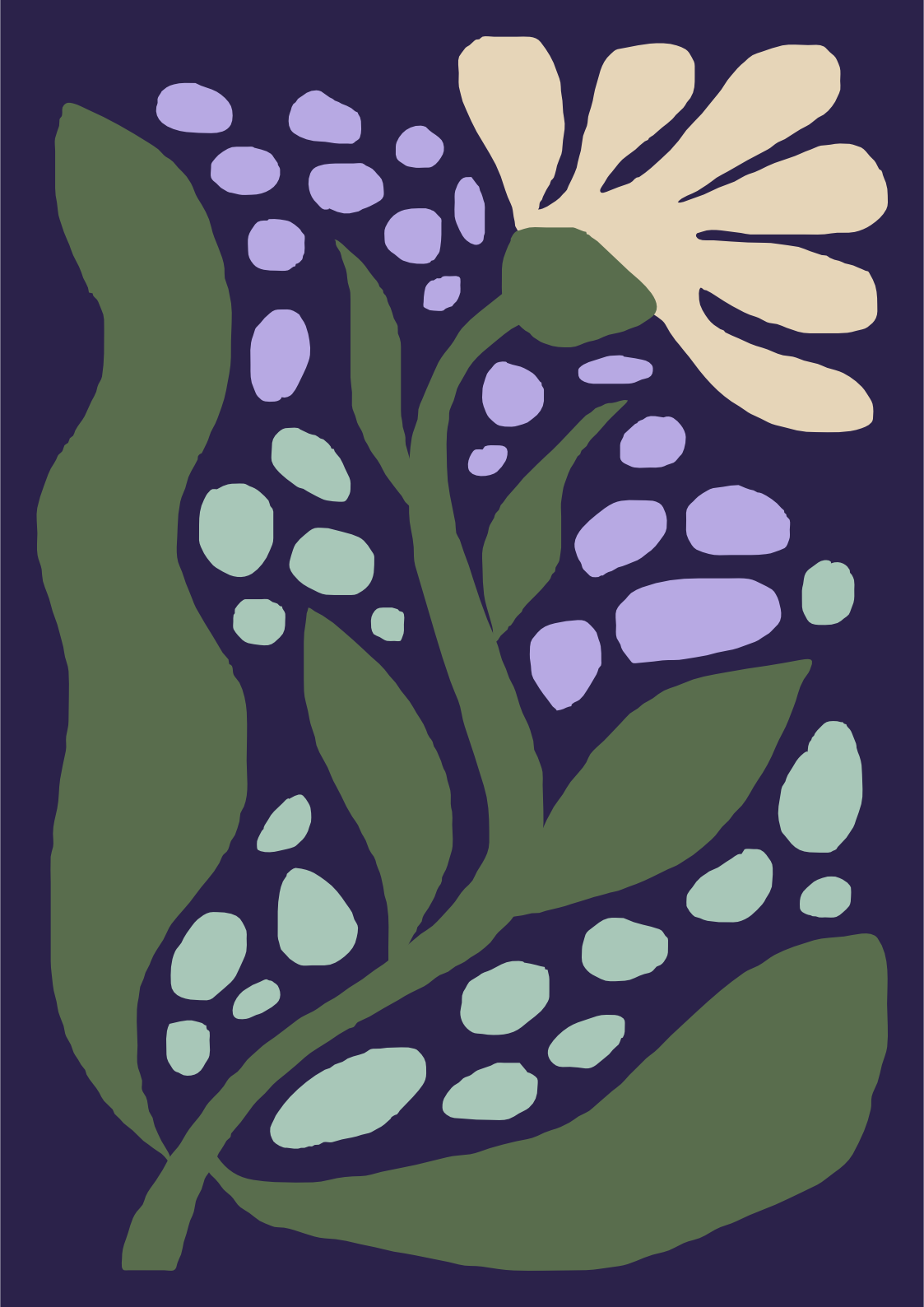 Stylized illustration of a flower with cream-colored petals, purple buds, green leaves, and abstract purple dots on a dark background.