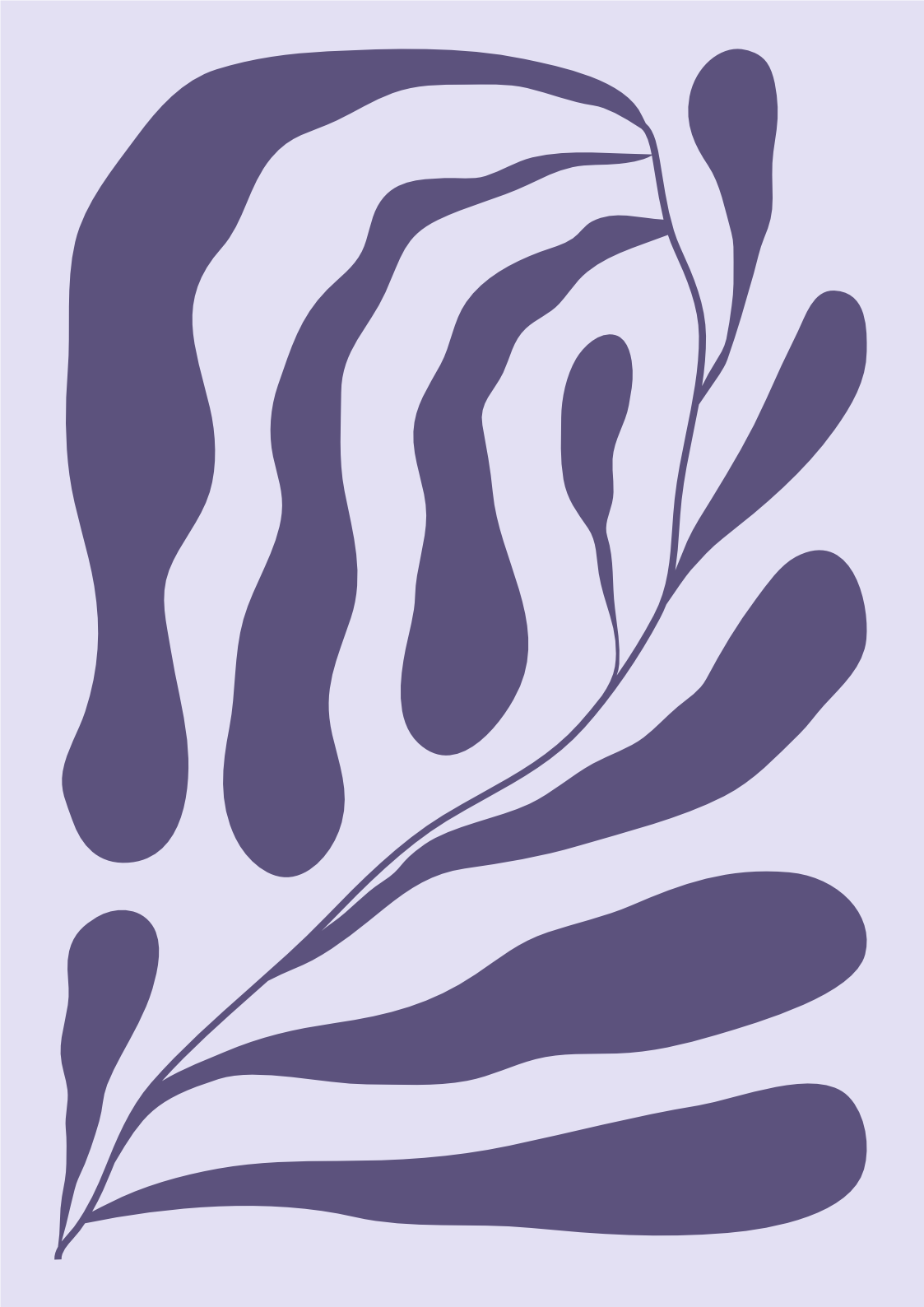 Abstract illustration of a stylized plant with elongated leaves in dark purple on a light purple background.
