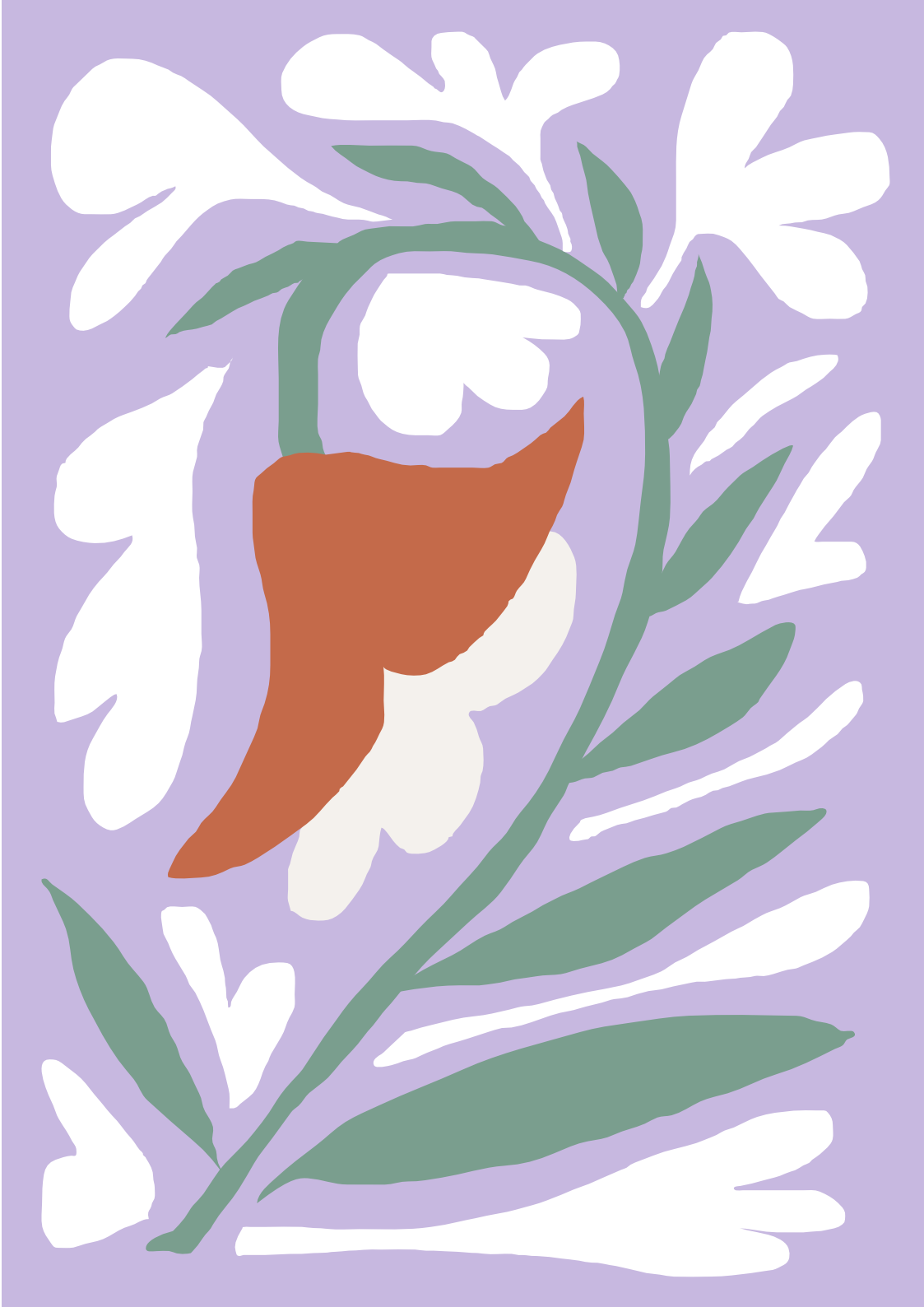 A stylized illustration of a bird with brown and white feathers perched on a branch with green leaves, surrounded by various white and green abstract floral shapes on a lavender background.