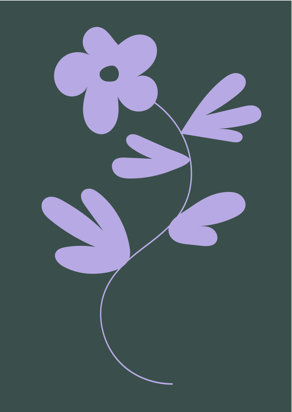 A stylized purple flower with five petals and a single hole in the center, with matching purple leaves and stem, set against a dark green background.