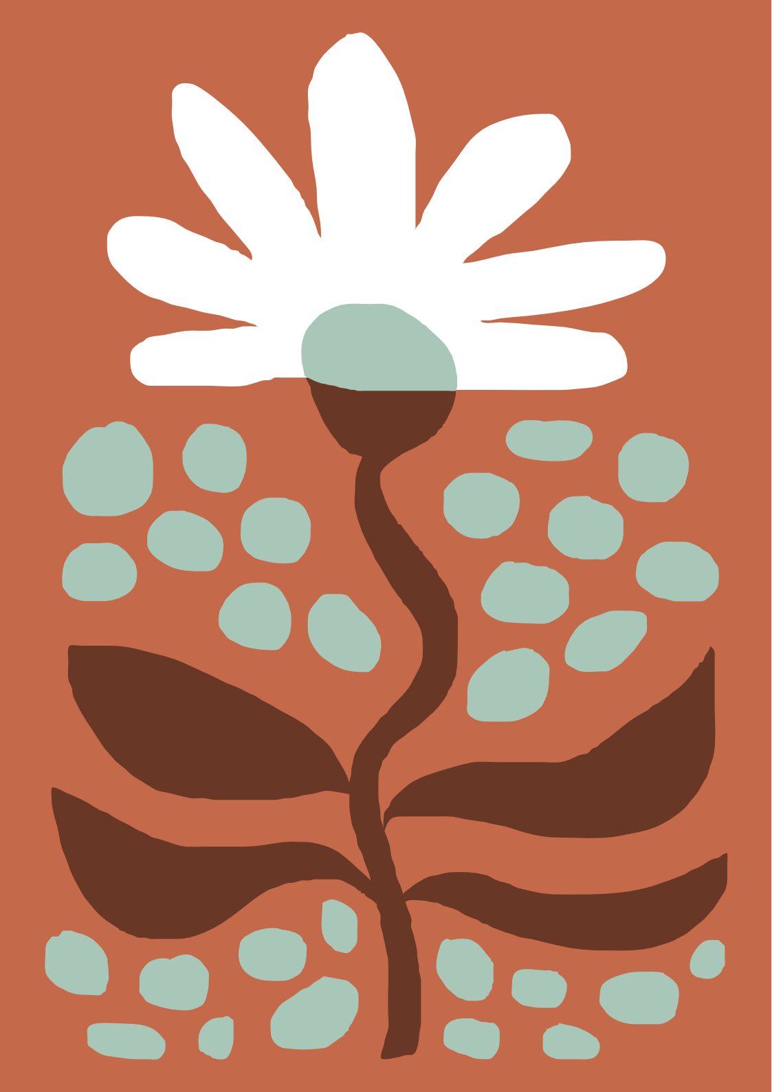 An abstract illustration of a white flower with green and brown center and brown stem, surrounded by light green dots and brown leaves on a terracotta background.