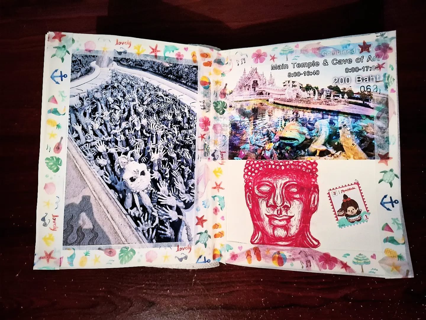 Another scrapbook page from Wat Rong Khun (The White Temple) in Chiang Rai 😁.

The photo on the left shows the Pit of Hell, taken from the bridge leading into the temple. I also included the funky admission ticket and a 7-Eleven stamp since I spent 
