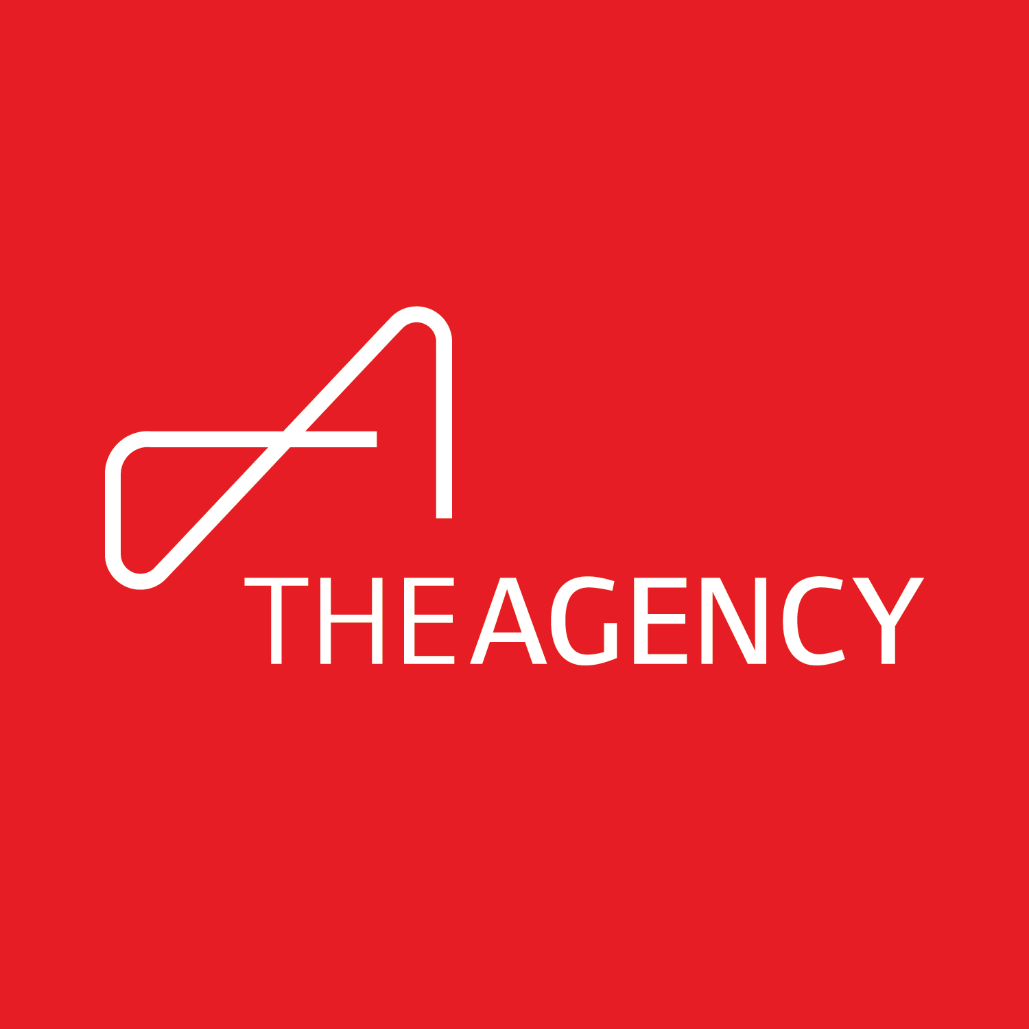 Red background with a white abstract logo and the words "THE AGENCY" in white capital letters.