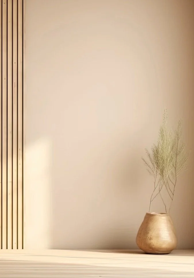 A minimalist room corner with a beige ceramic vase containing dried green plants on a light wooden surface against a plain beige wall.