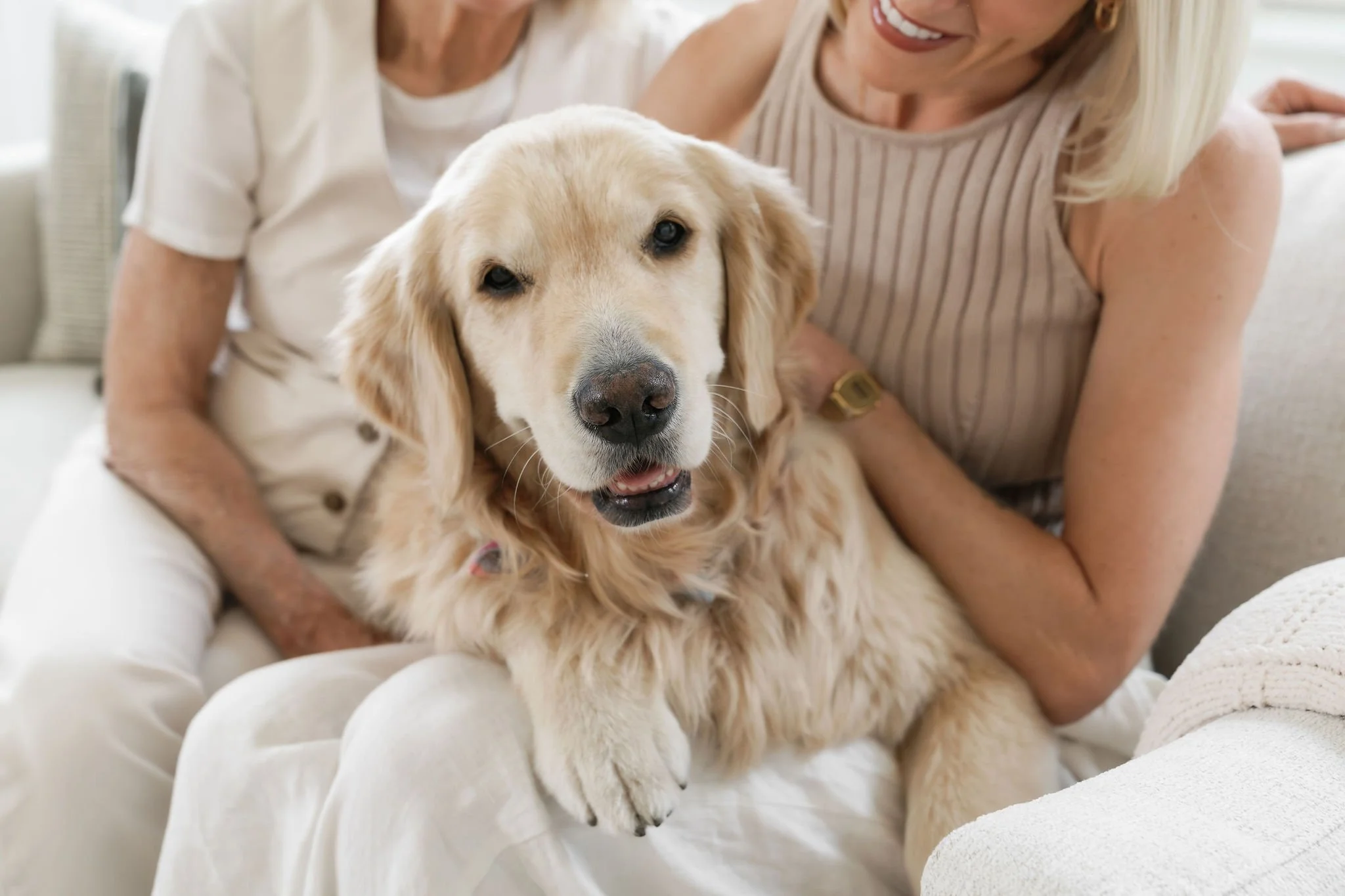 Two women sitting with a golden retriever for Ortega Collective Bend Real Estate Agency branding photos.