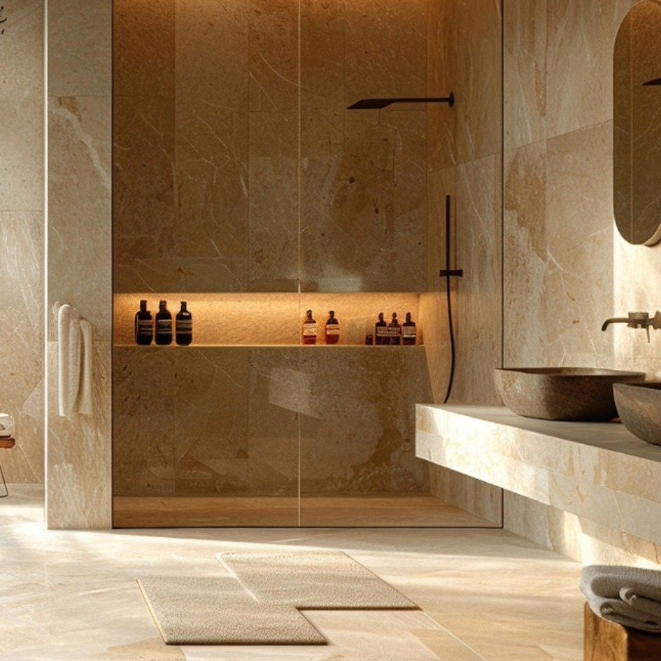 Modern bathroom with marble walls and floors, a walk-in shower for The Ortega Collective Real Estate Listing in Bend.