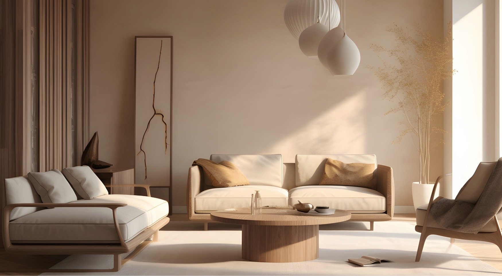 Modern living room with minimalist design, cream-colored furniture, for a listing photo for Bend Discovery West Home.