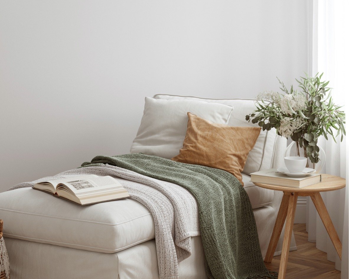 Off white day bend and side table for a Bend Oregon Real Estate Listing.