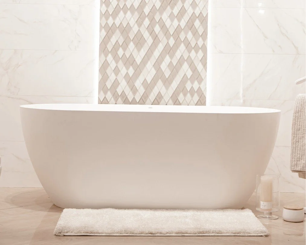 Modern white freestanding bathtub in a minimalist bathroom for a buyer's listing agent Bend Oregon photos.