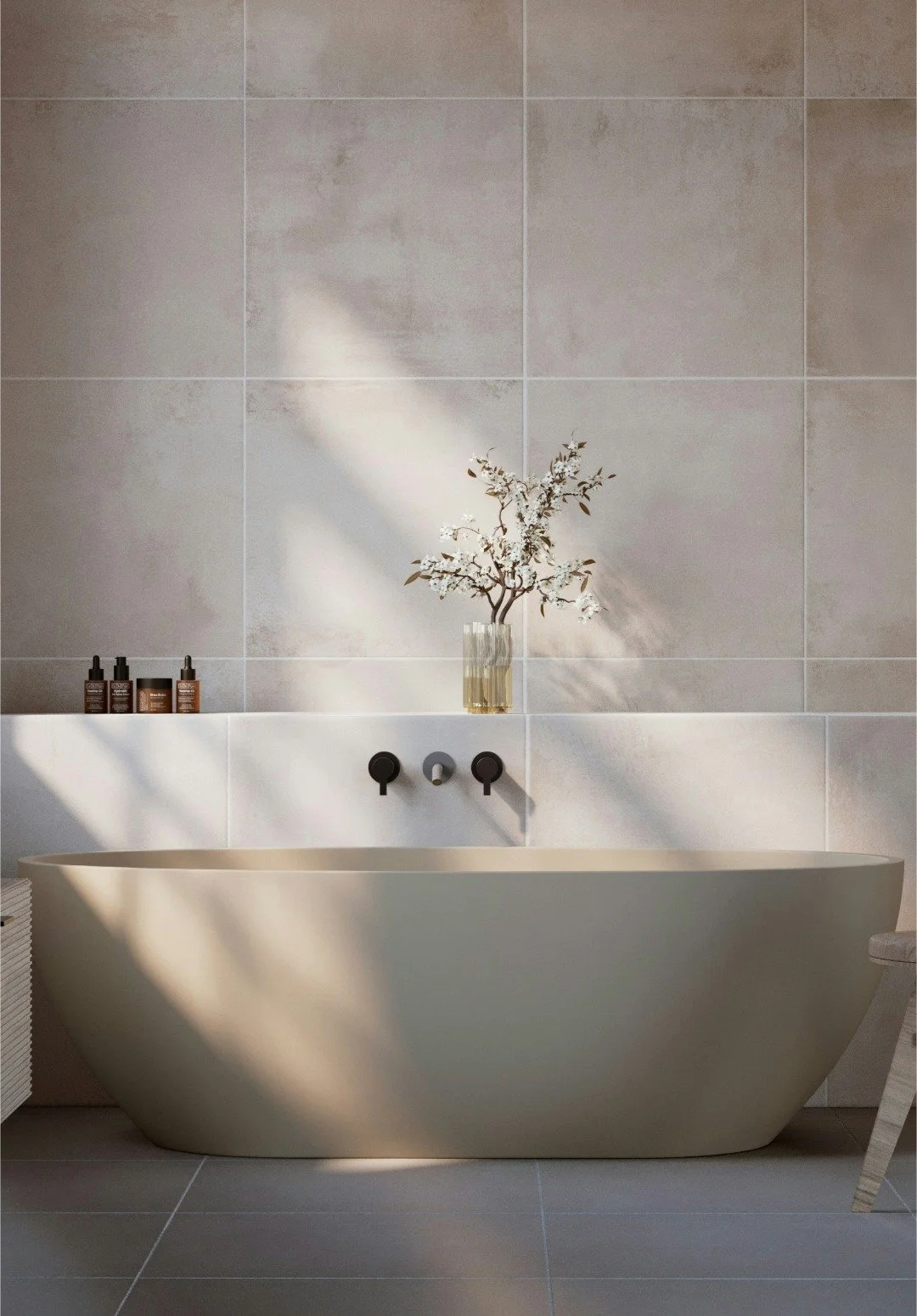 Beautiful neutral-colored bathroom with a bathtub for a Bend Oregon Discovery West Real Estate Agency.