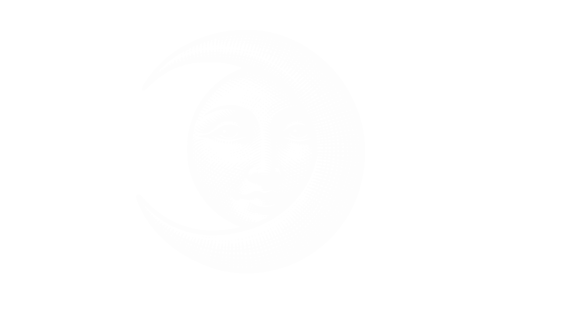 Black and white illustration of a face with a moon-shaped outline, featuring large eyes and full lips, surrounded by a dark background.