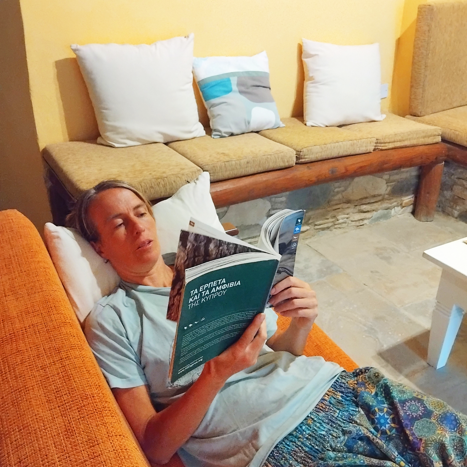 Woman reading a book on a sofa