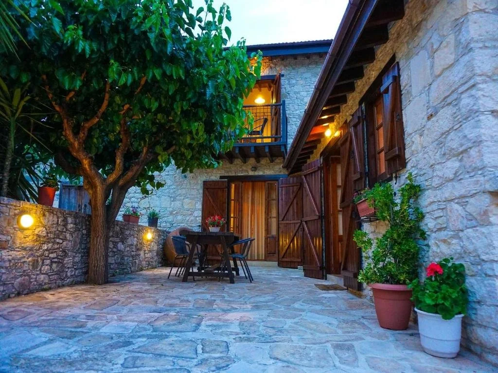 Stone yard with a wooden table