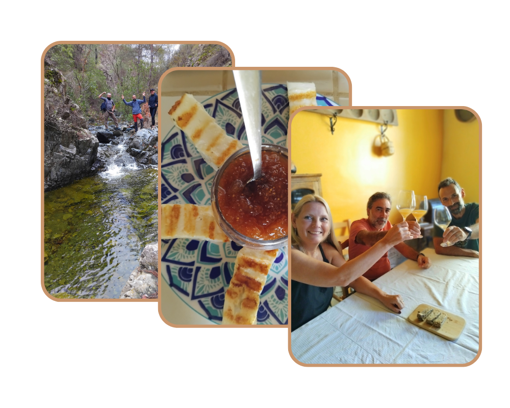 3 images showing life at Aperanti: treks, food, and meal time