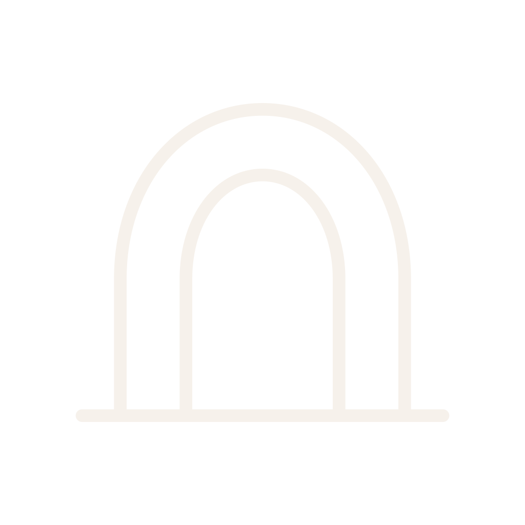 Minimalist black and white line illustration of an arched doorway or window on a black background.