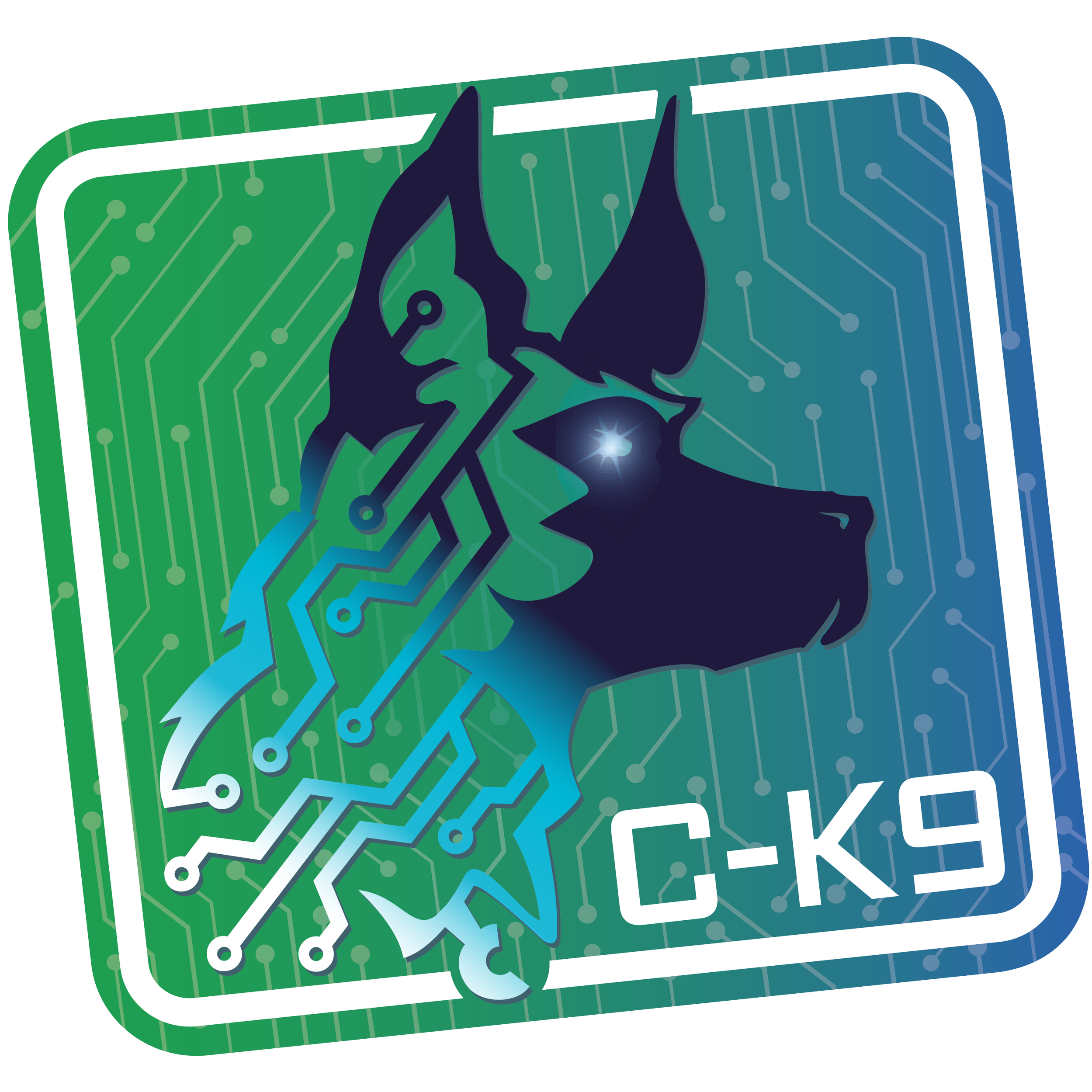 Close-up of a green and blue trading card featuring a stylized black wolf silhouette with a blue streak and white starburst eye, with circuit-like lines in the background.