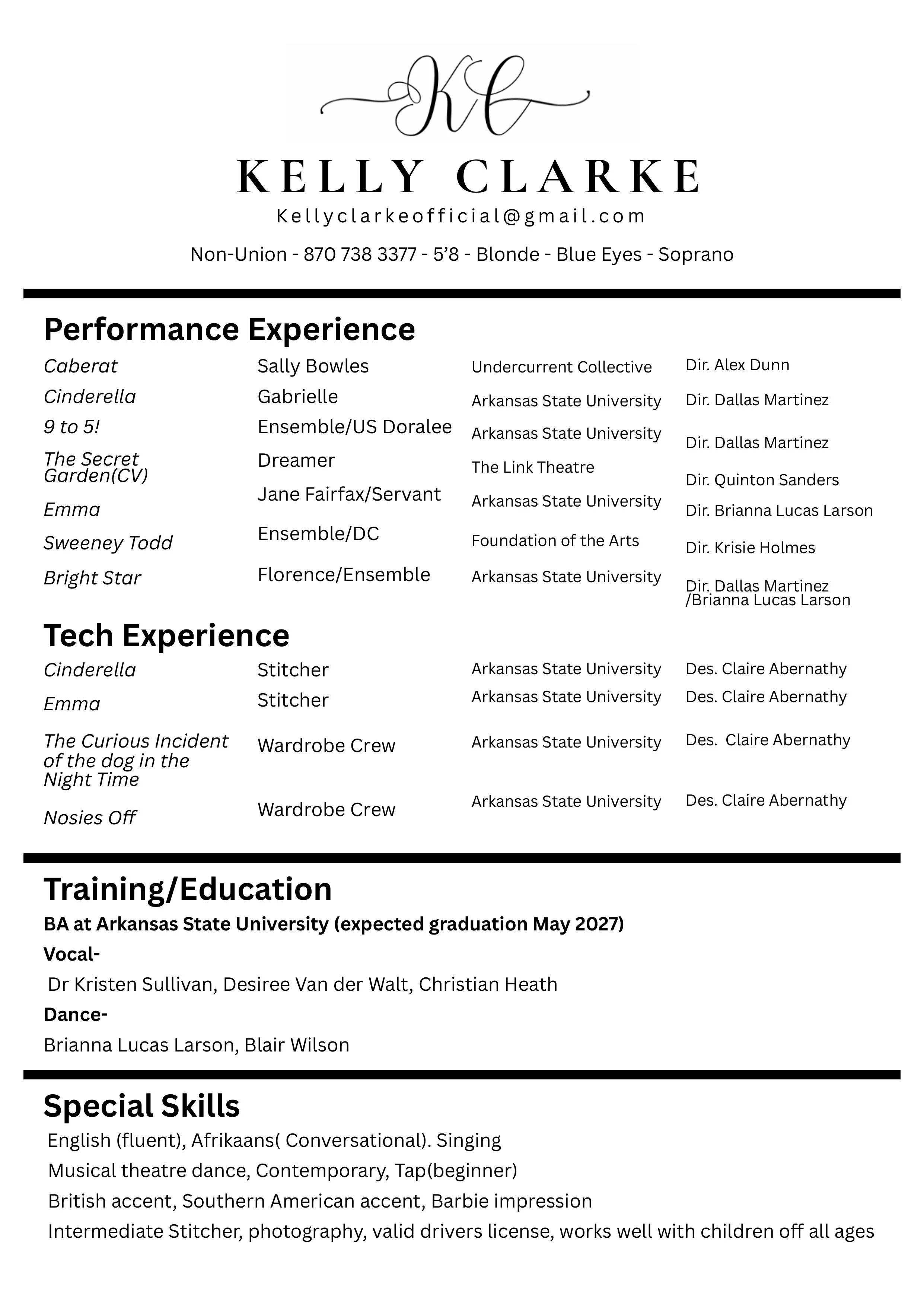 A professional resume for Kelly Clarke, featuring her initials 'KC' at the top, contact information, and sections detailing her performance experience, technical skills, and education.