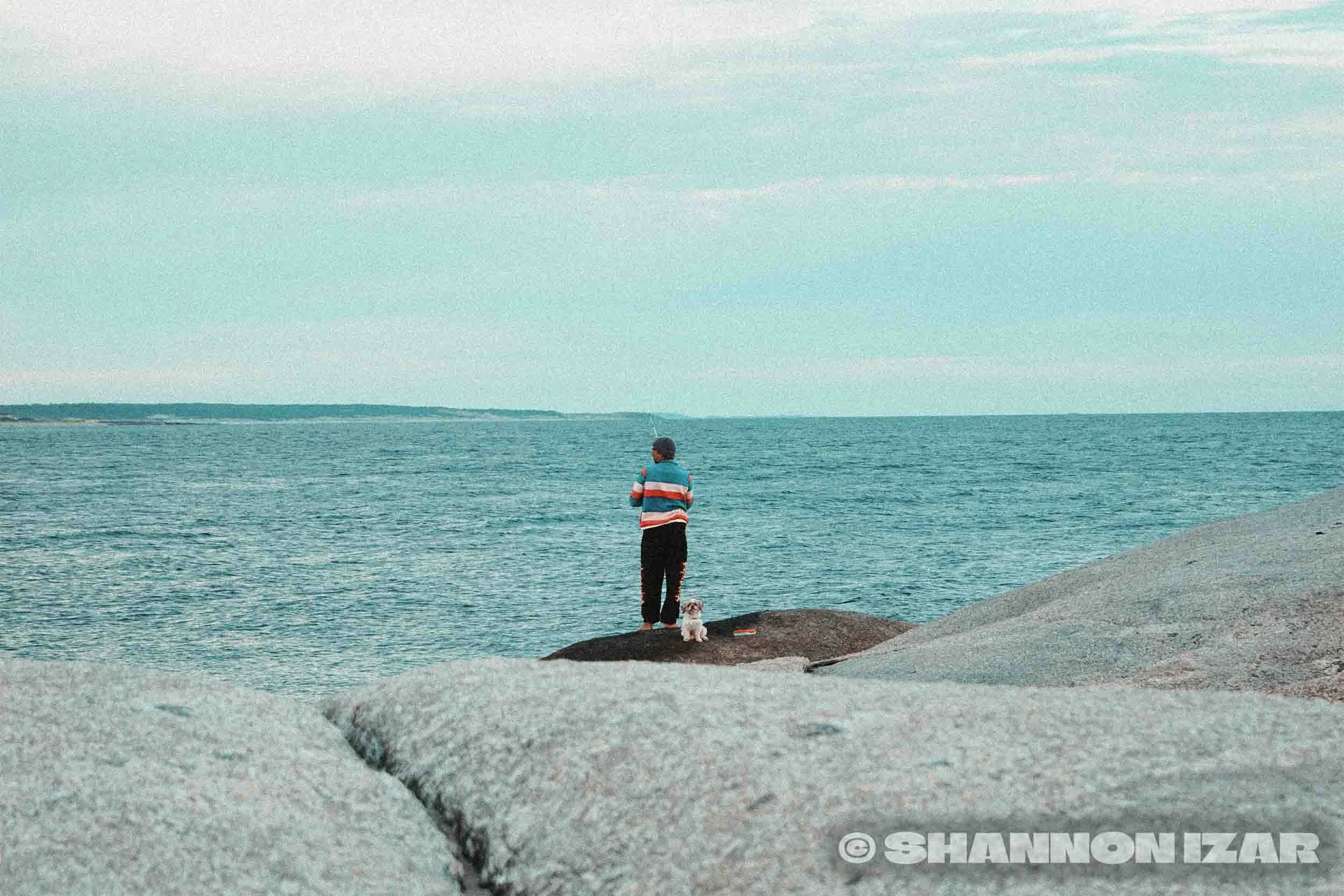 Une personne debout sur une roche au bord de la mer, regardant l'horizon avec un petit chien à ses côtés, sous un ciel partiellement nuageux.