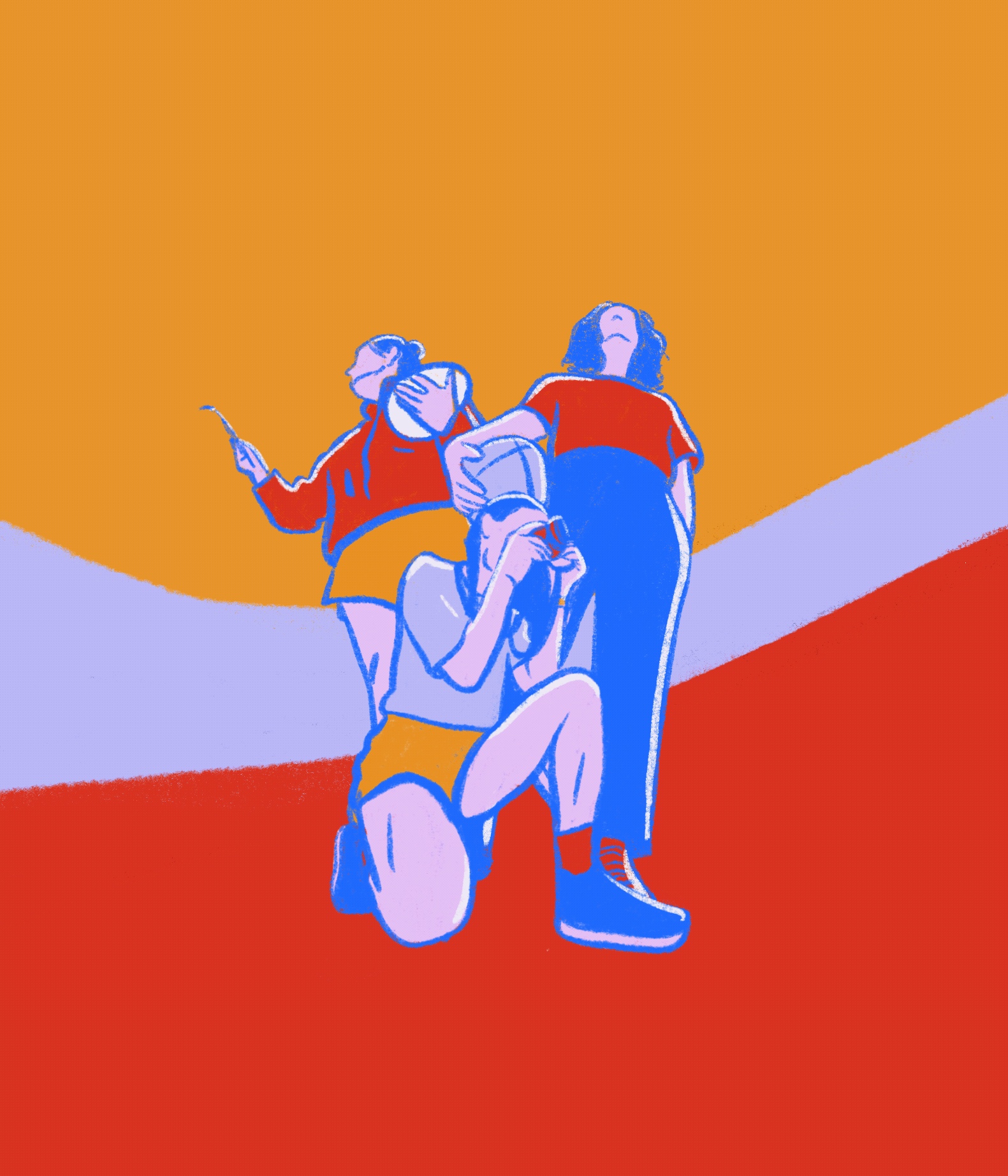 Trois jeunes femmes, représentant la même personne, illustrent trois activités différentes, le dessin, la photo, et le partage d'expérience . L'image est stylisée avec des lignes et des couleurs vives, donnant un aspect artistique.