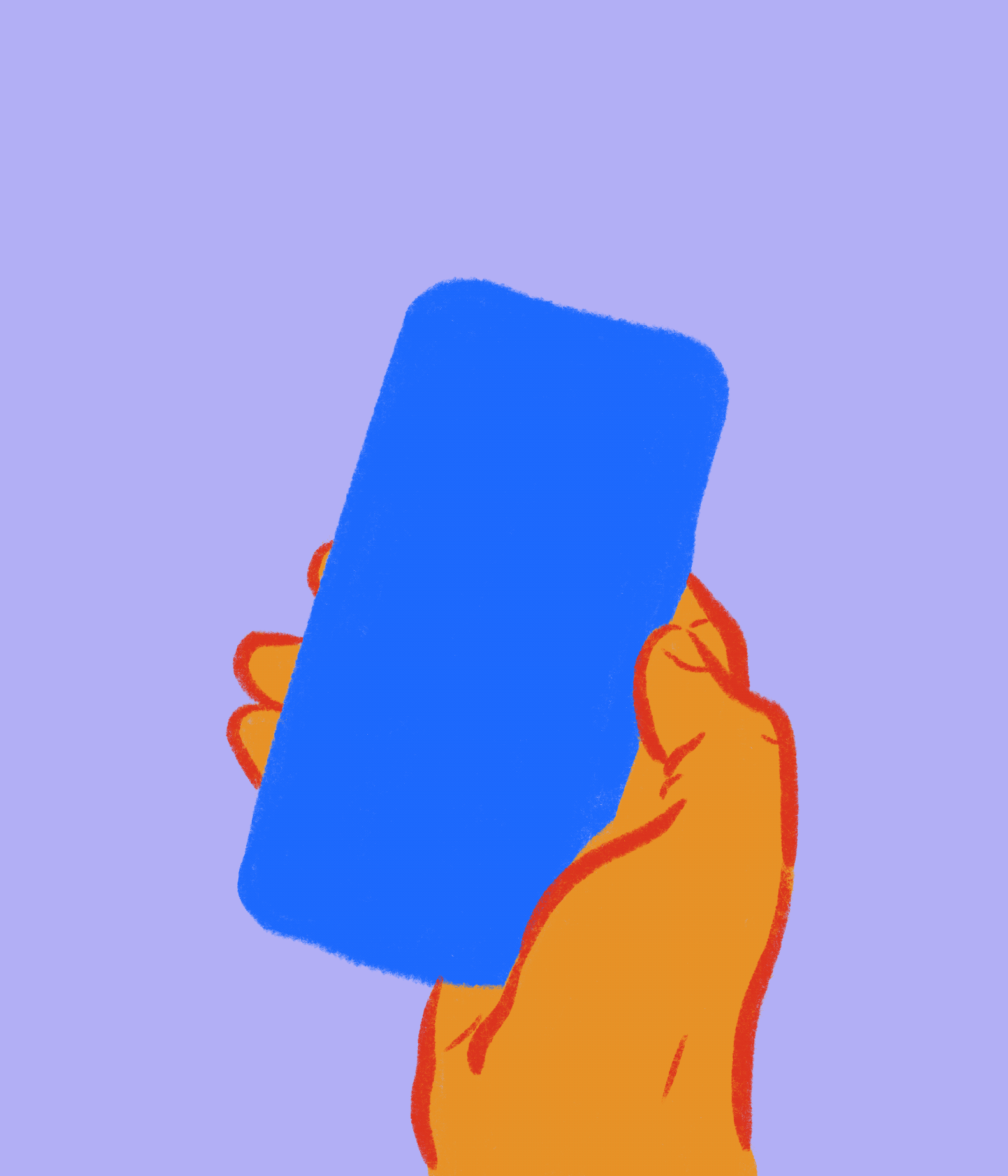 Un dessin minimaliste d'une main orange tenant un téléphone portable bleu.