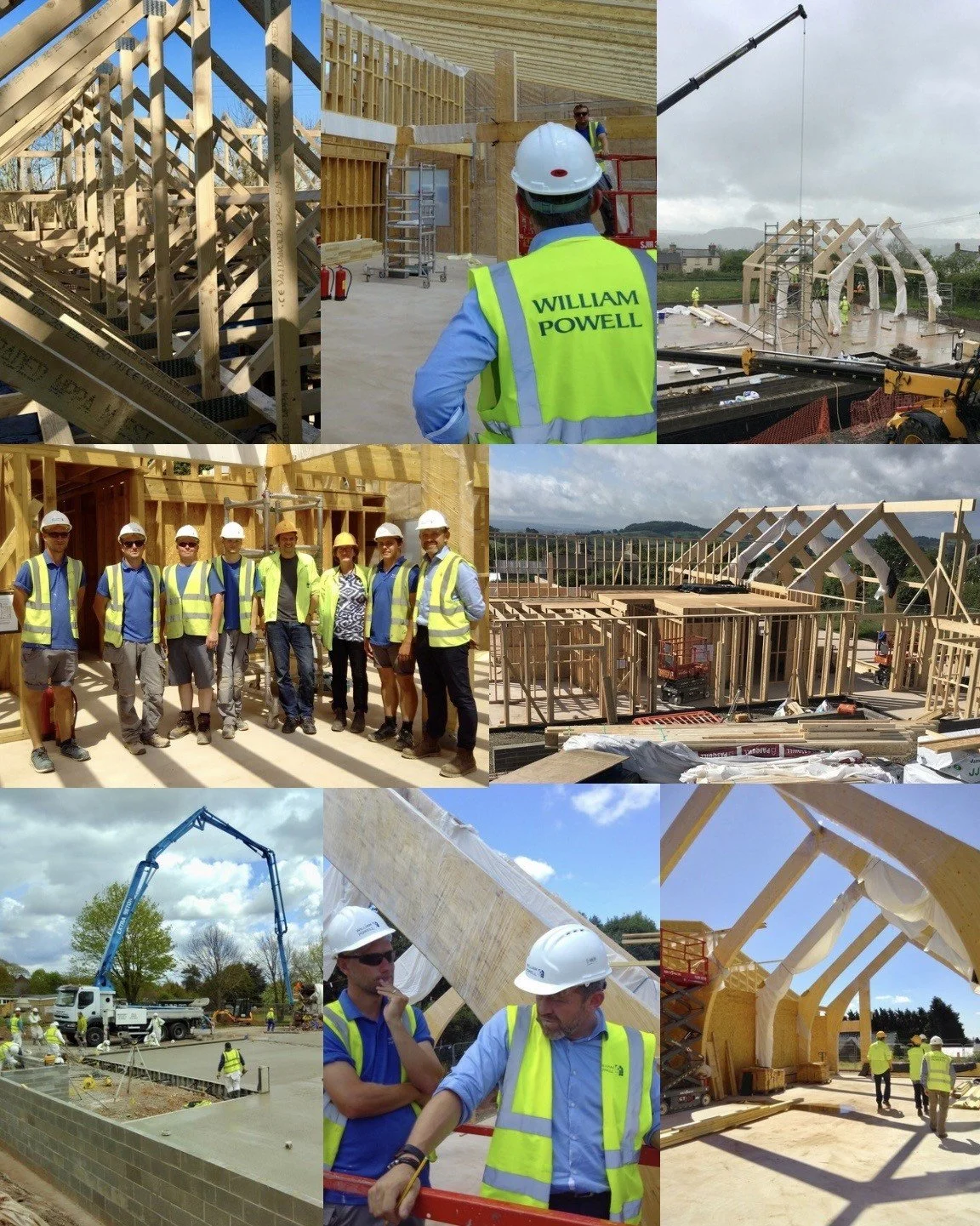 Construction site with wooden framing for a building, workers wearing safety gear, and a crane lifting materials. Group of construction workers and supervisors in safety vests and helmets.