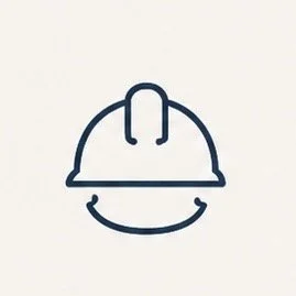 Simple line drawing of a construction helmet with a smile underneath.