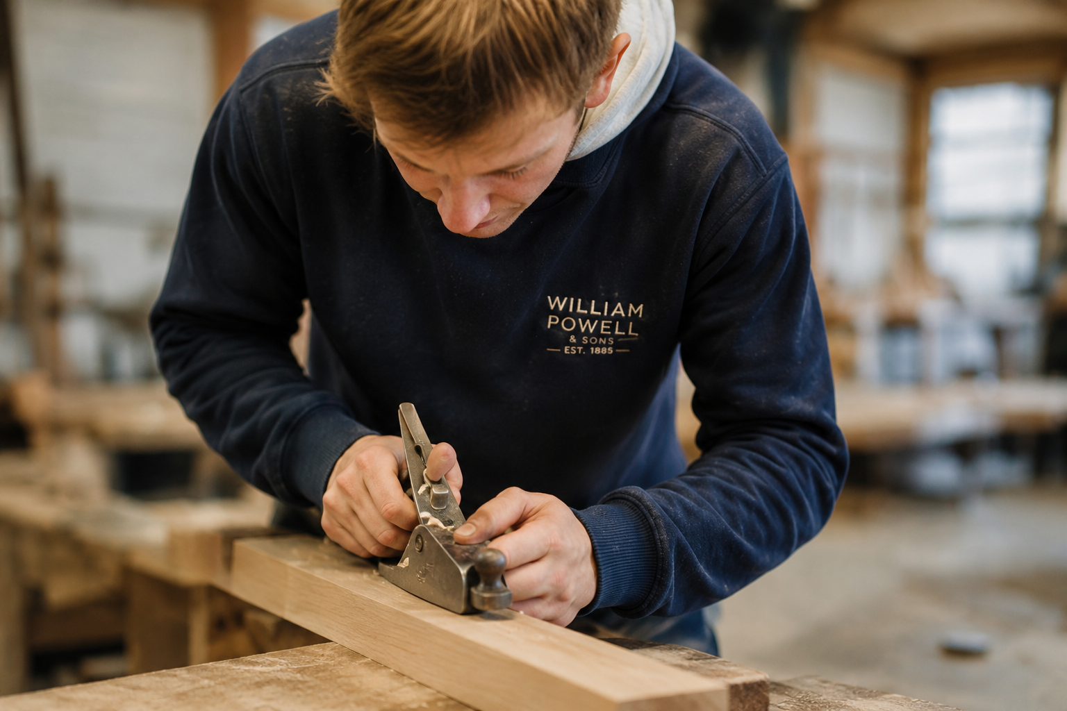 A young man working with a hand planer on a wooden board in a woodworking shop.