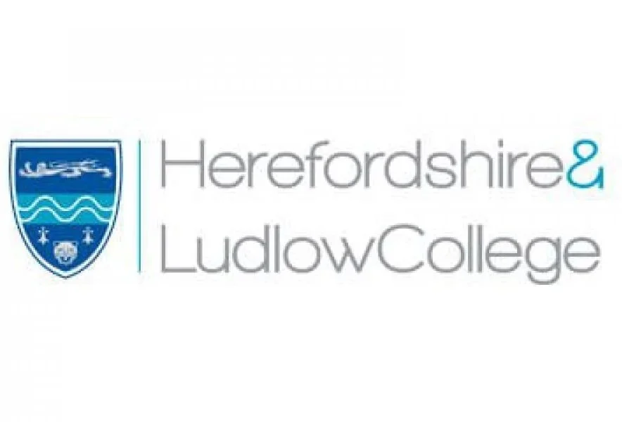 Logo for Herefordshire and Ludlow College featuring a blue shield crest with wave lines, a star, and a skull, next to the college name in grey and blue text.