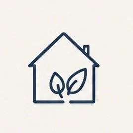 A simple line drawing of a house with two leaves inside.