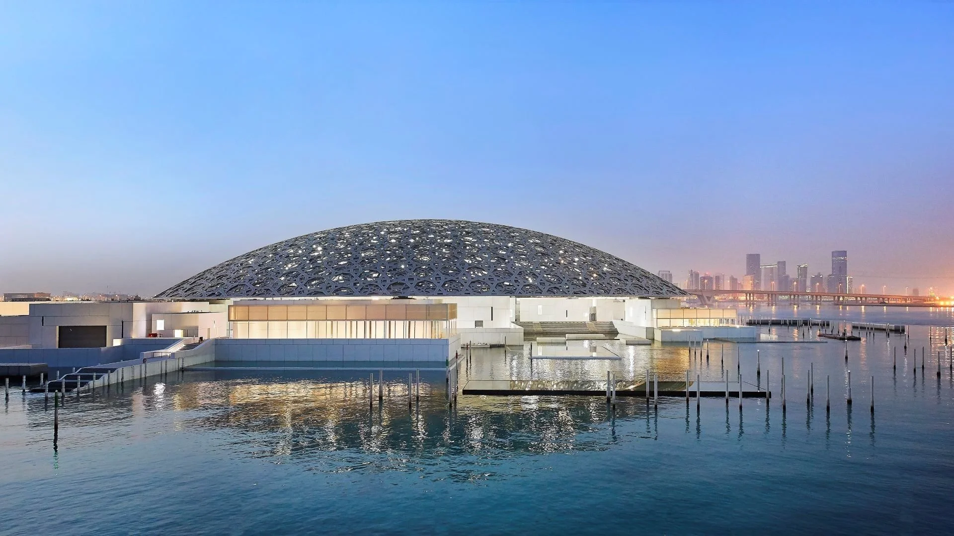 "Louvre Abu Dhabi at dusk, Saadiyat Cultural District