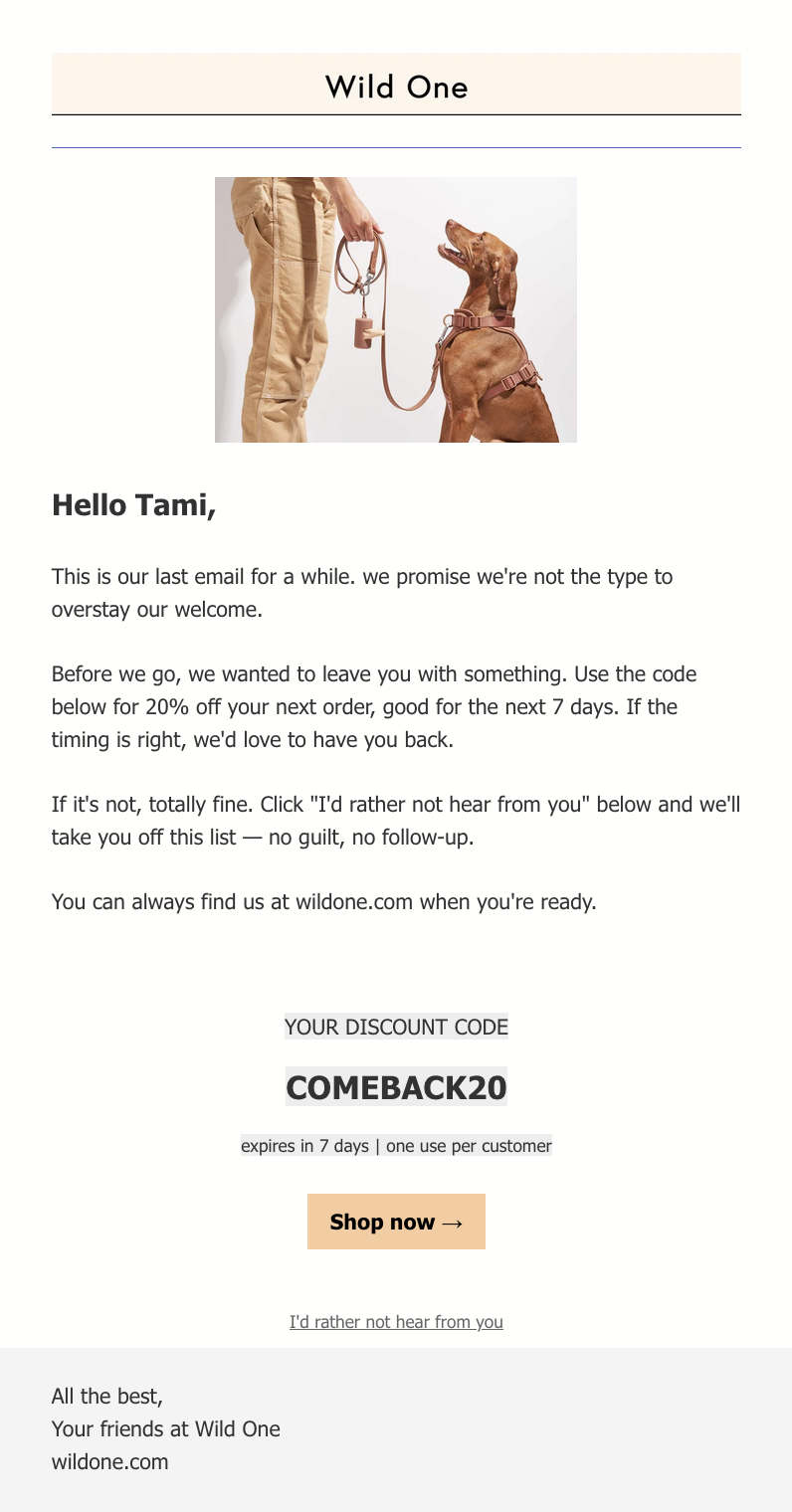 Email offering 20%  off and option to opt out of future emails. Dog sitting looking up at human holding a leash.