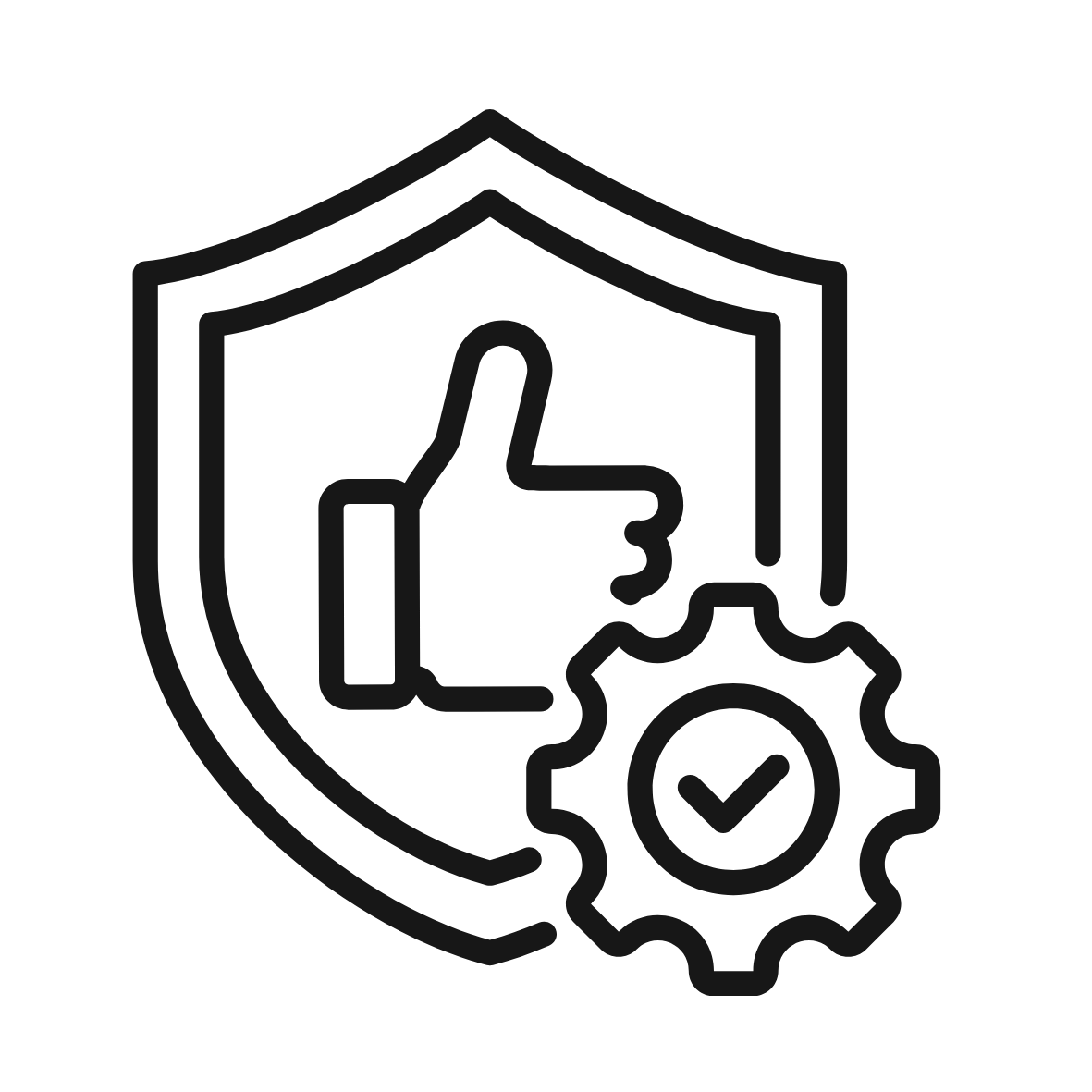 Outline of a shield with a star in the background, a thumbs-up symbol in the foreground, and a checkmark inside a gear, representing security, approval, or quality assurance.