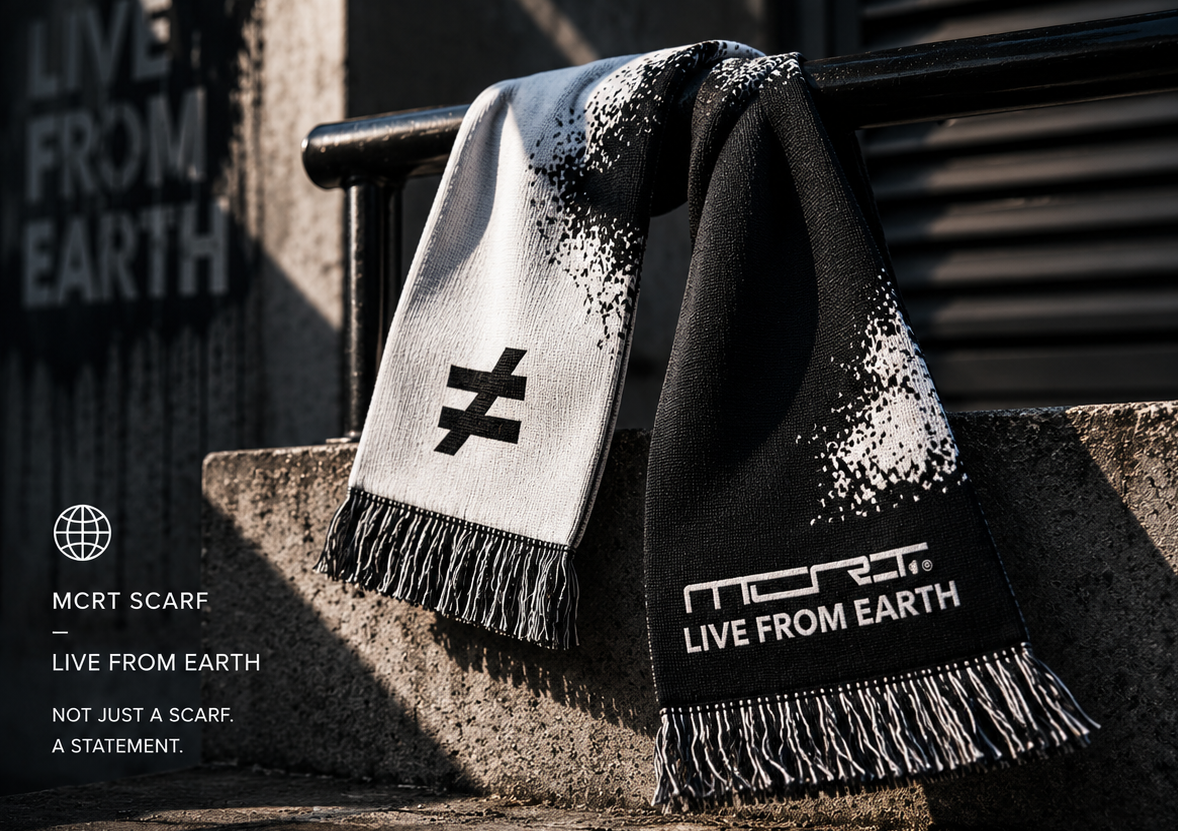 Zwei schwarz-weiße Schals hängen an einem Geländer, einer mit einem Gleichzeichen ungleich und der andere mit dem Logo 'MC. RTS LIVE FROM EARTH' und dem Slogan 'NOT JUST A SCARF. A STATEMENT.'