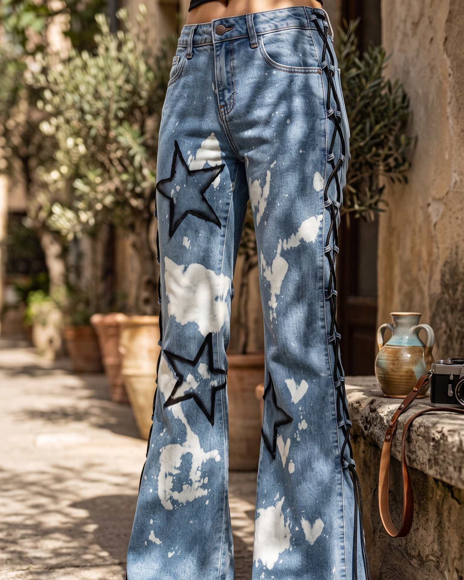 Jeans mit in die Seite eingearbeiteter Schnürung und großen schwarzen Stern auf dem linken Oberschenkel von Alcatraz, im Freien bei Sonnenschein