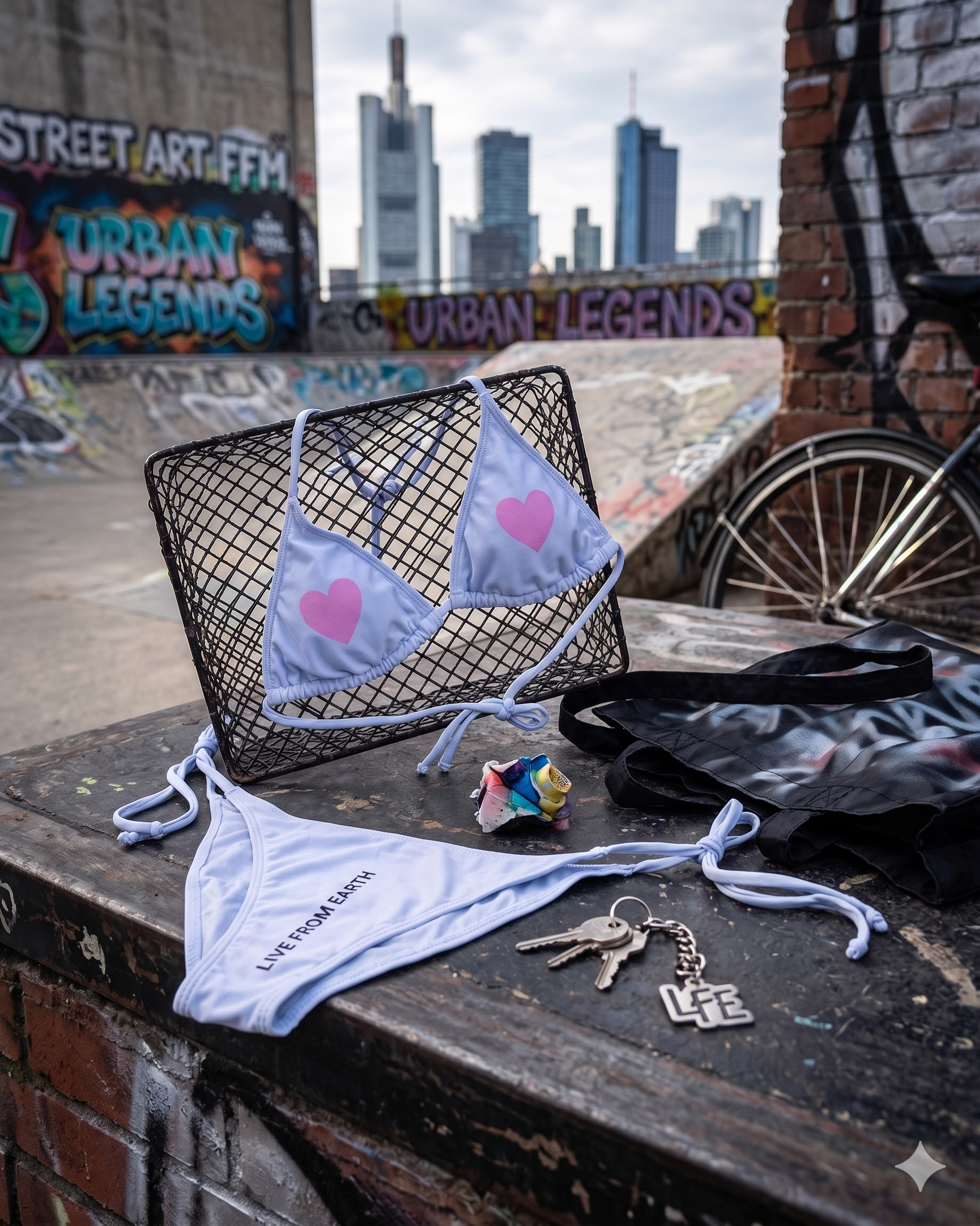 Graffiti an einer Wand mit Hochhäusern im Hintergrund, daneben Fahrräder, im Vordergrund besteht eine Metallablage mit einem weißen Bikini mit pinken Herzen und einer weißen Halterung, einige Schlüssel und Anhänger liegen auf dem Boden.